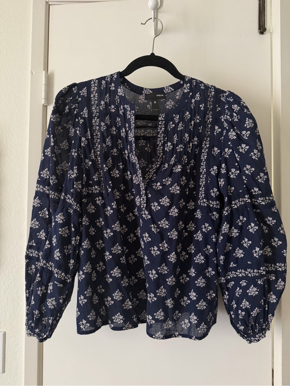 Aqua Navy Floral Pintuck Blouse with Puff Sleeves